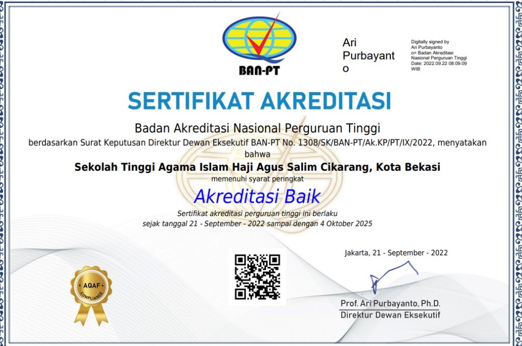 Sertifikat Akreditasi Institusi STAI HAS Cikarang