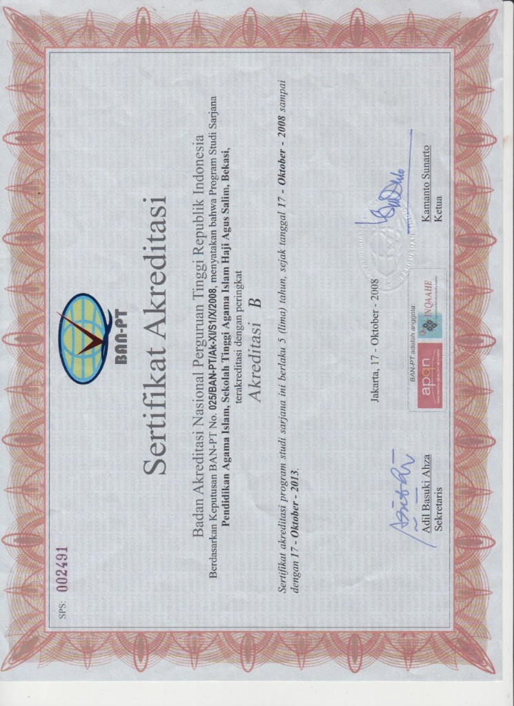 Sertifikat Akreditasi Prodi PAI 2008 (Akreditasi B)