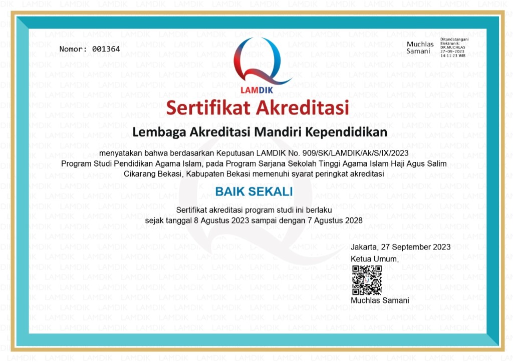 Sertifikat Akreditasi Prodi PAI LAMDIK 2023 (Baik Sekali)